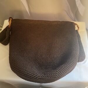 The Sak Woven Boho Shoulder Bag Brown Bucket Crochet Purse Bamboo Rings